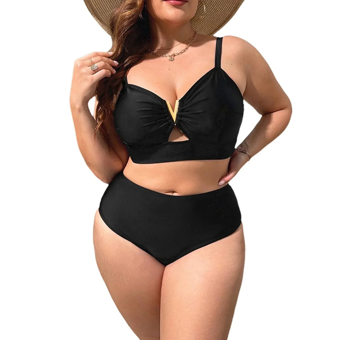 Black V-Neck Bikini with Gold Accent