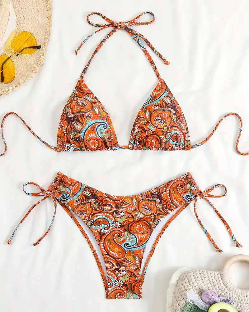 Paisley Print Triangle Bikini Set