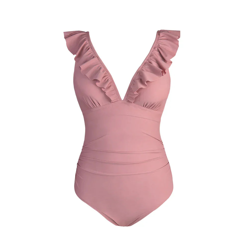 Pink Ruffled V-Neck One-Piece Swimsuit