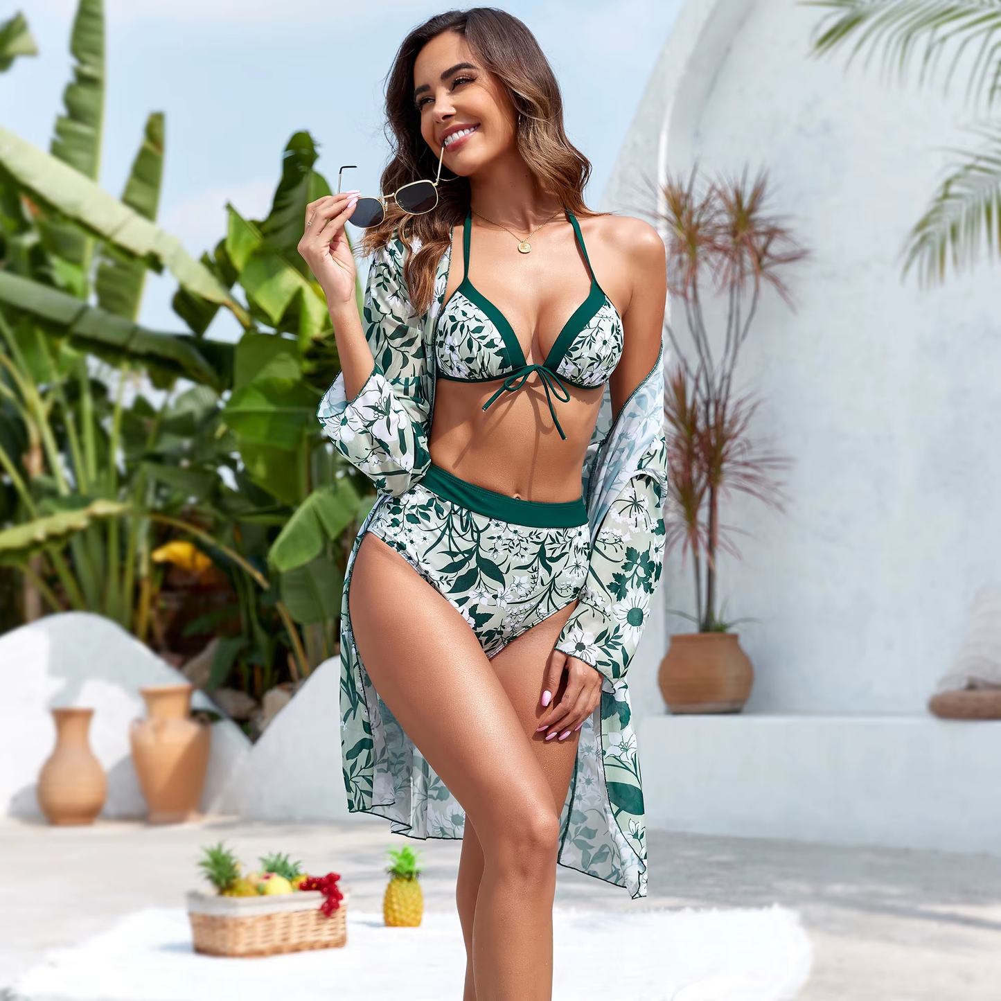 Tropical High-Waisted Bikini Set with Matching Cover-Up