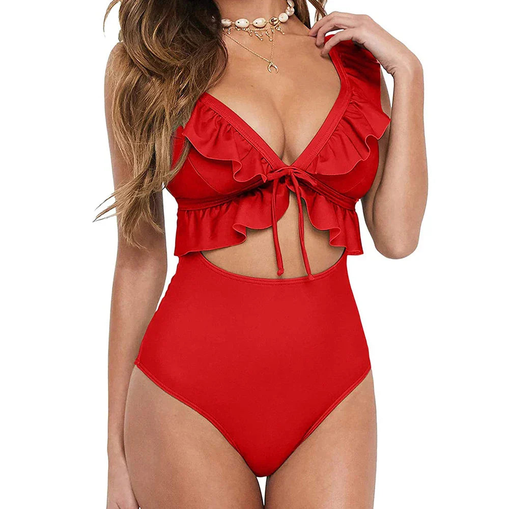 Deep V-neck swimsuit with front tie