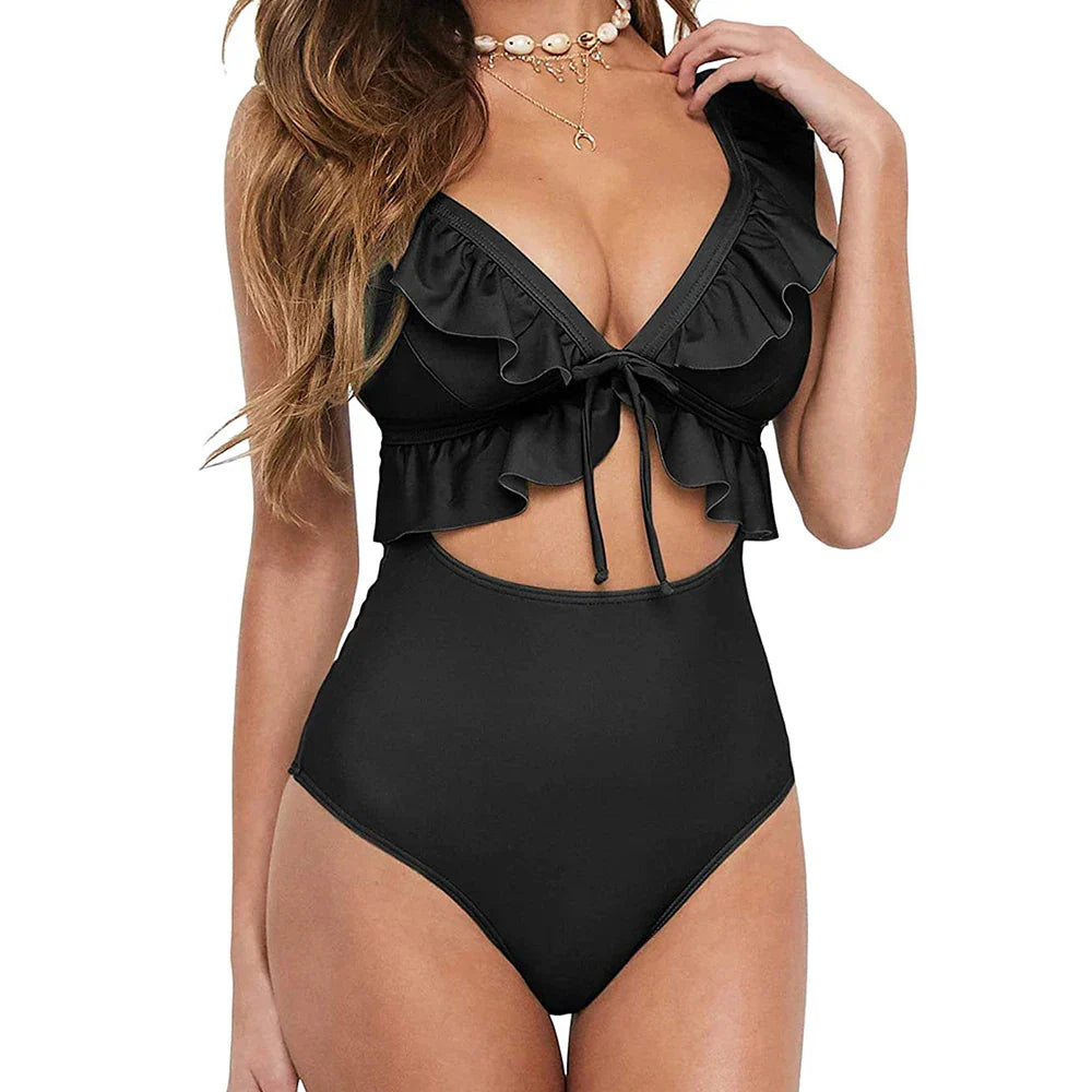 Deep V-neck swimsuit with front tie