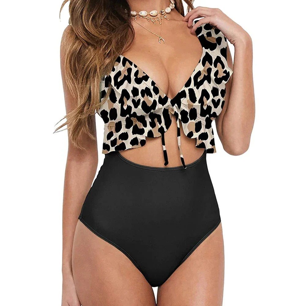 Deep V-neck swimsuit with front tie