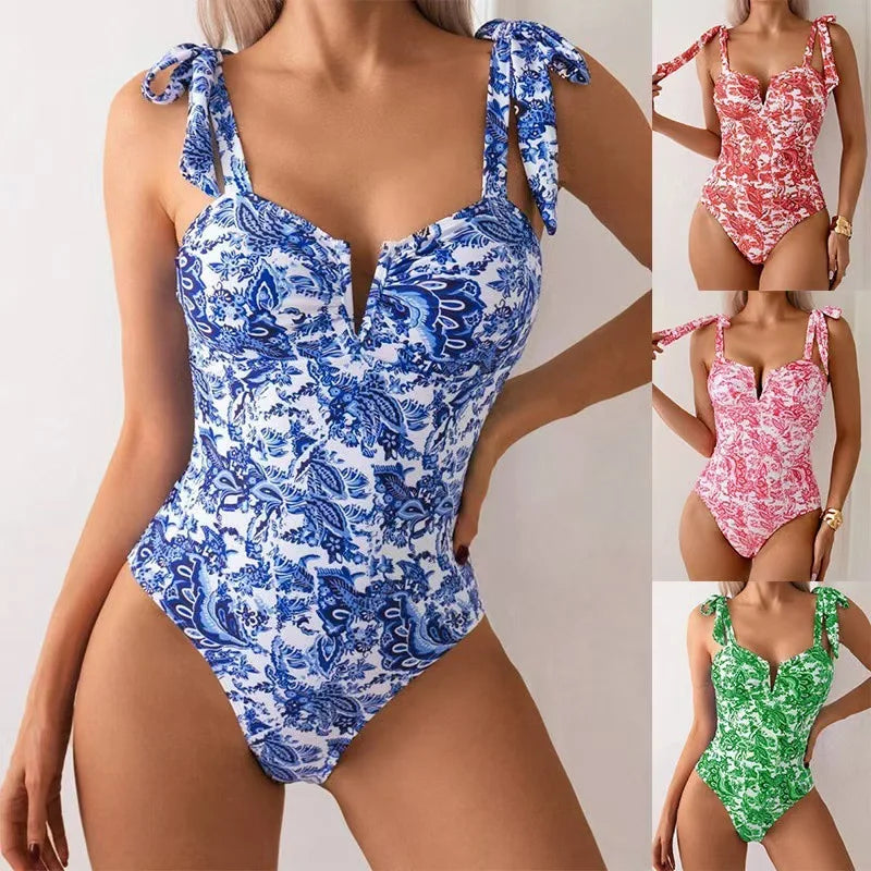 Floral V-Neck Bow Strap Swimsuit