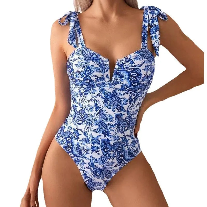 Floral V-Neck Bow Strap Swimsuit