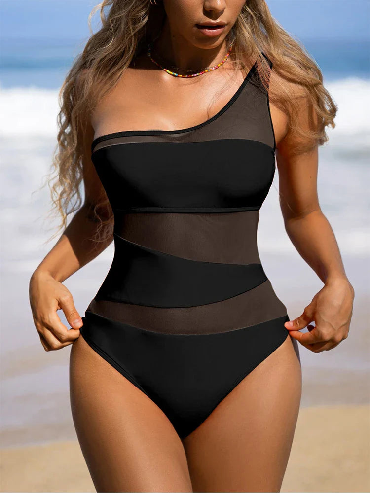 One-Shoulder Mesh Patchwork Monokini