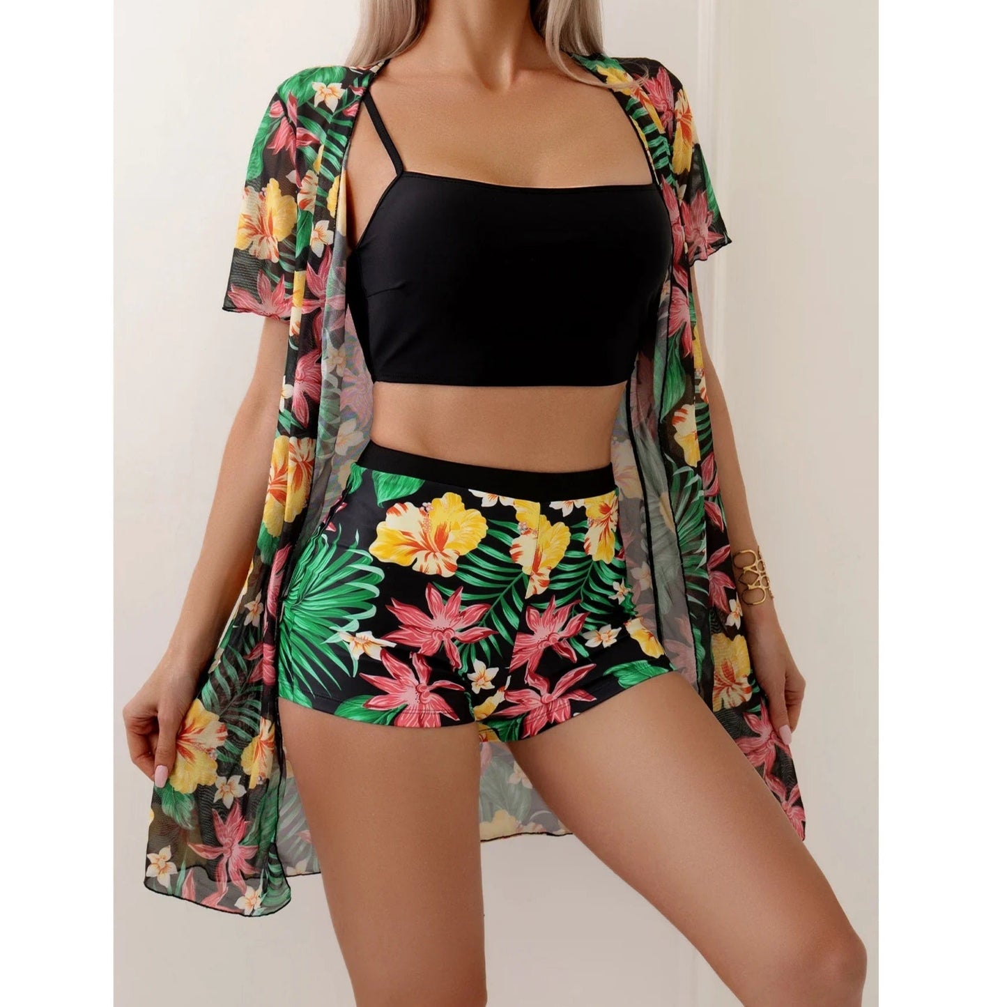 Tropical floral bikini set with beach cover up