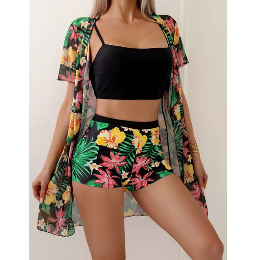 Tropical floral bikini set with beach cover up