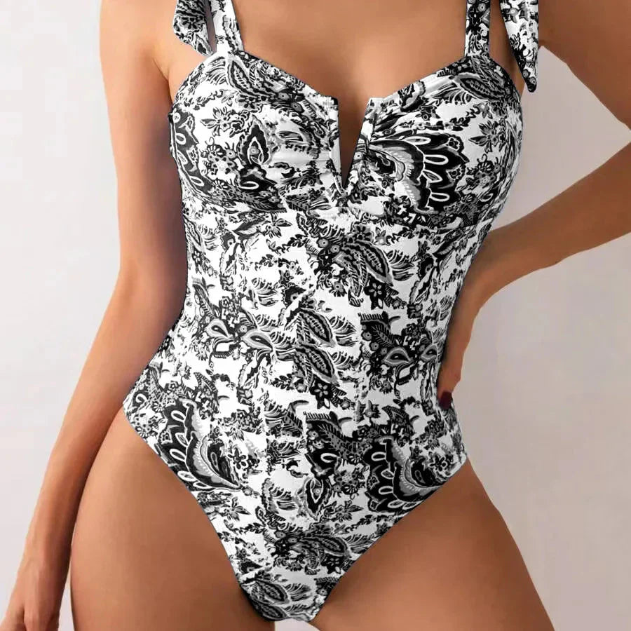 Floral V-Neck Bow Strap Swimsuit