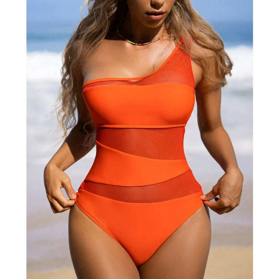 One-Shoulder Mesh Patchwork Monokini