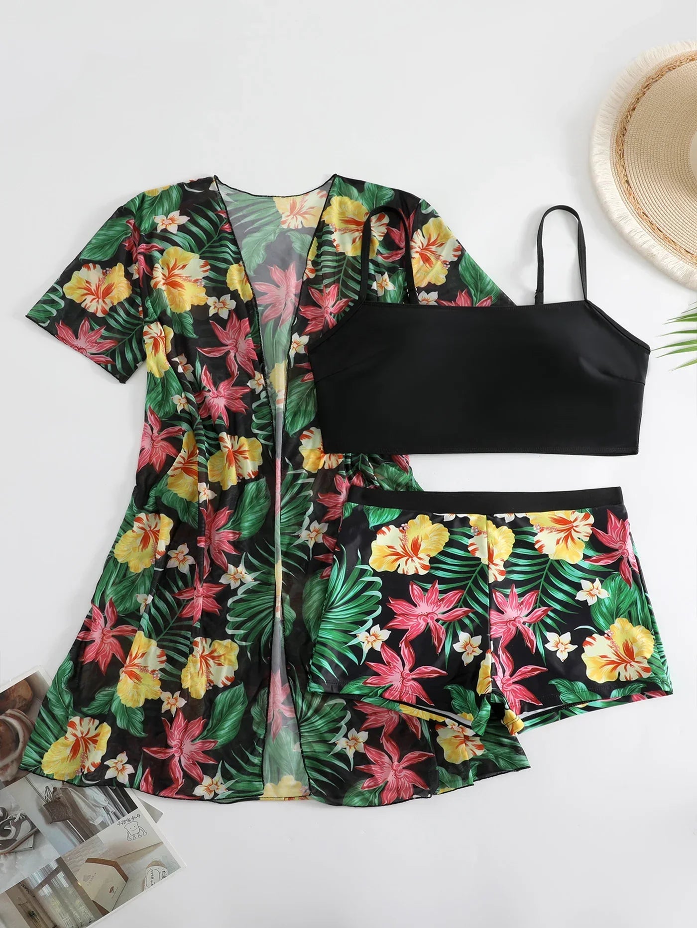 Tropical floral bikini set with beach cover up