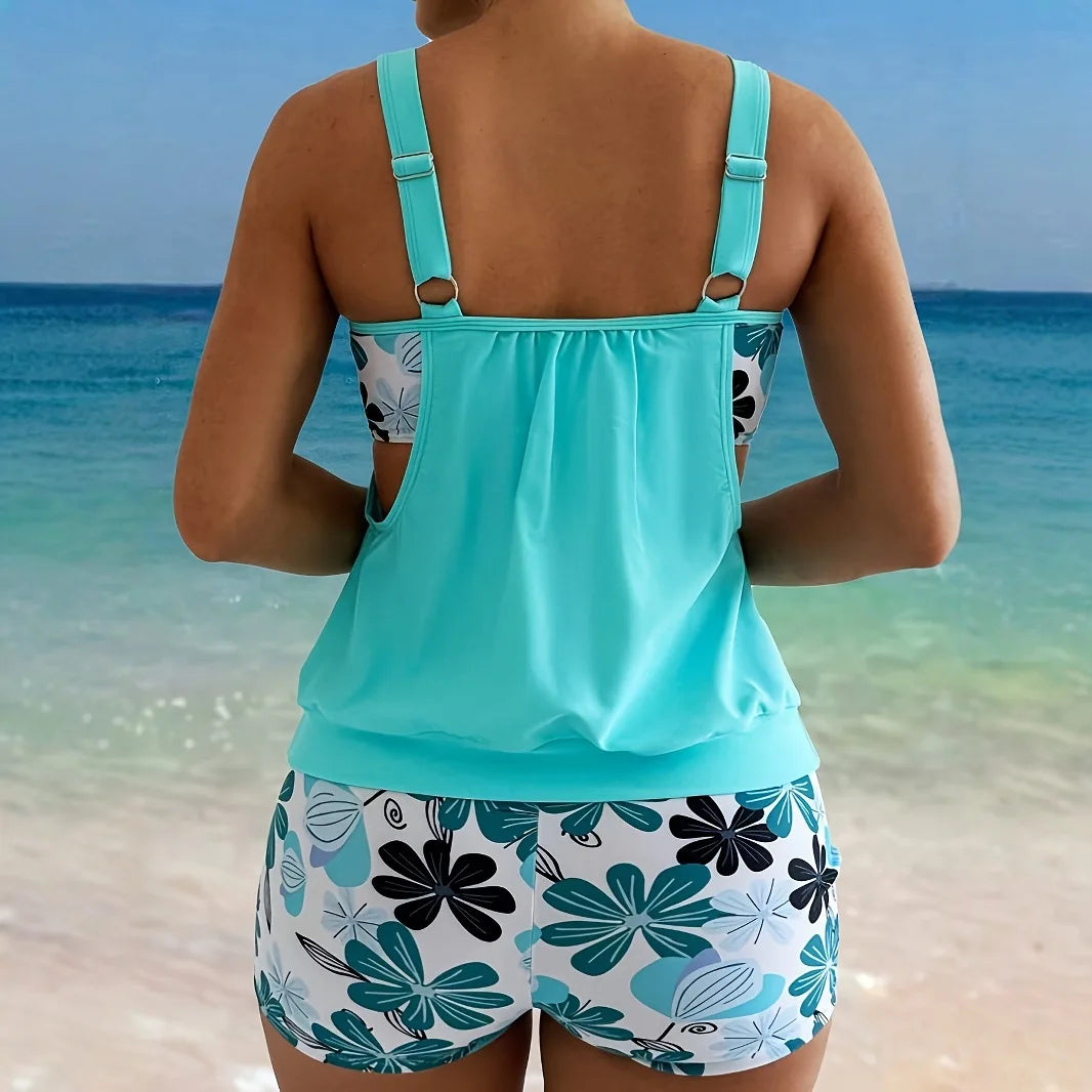 Women's blue tankini set with print