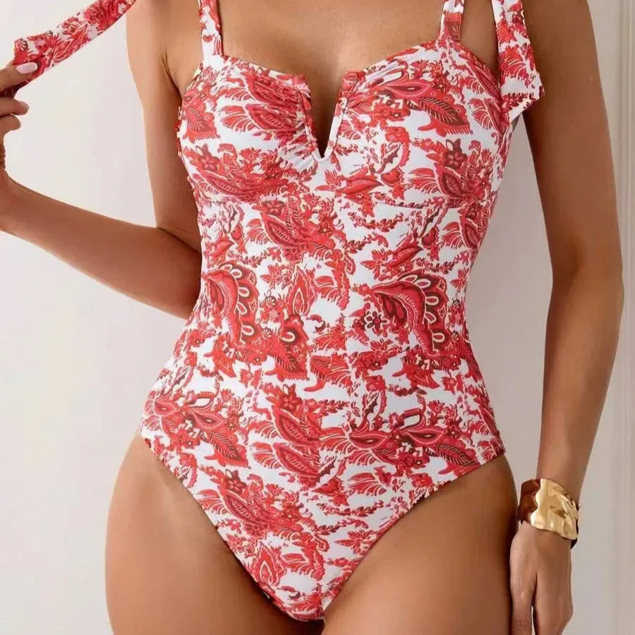 Floral V-Neck Bow Strap Swimsuit