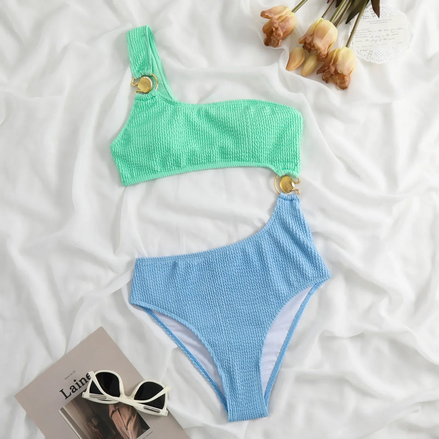 One-shoulder swimsuit with hoop detail