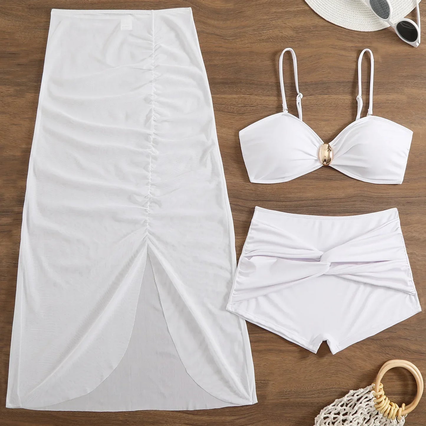 Elegant Mesh Strapless Three-Piece Swimsuit Set