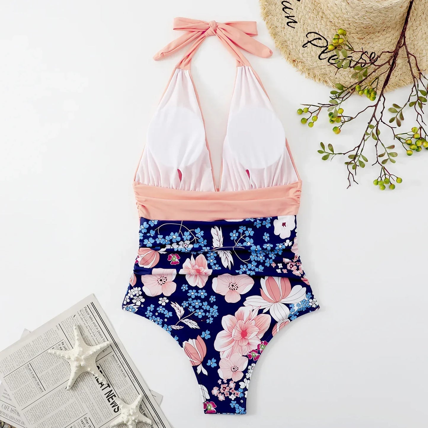 Plunge Halter Swimsuit with Waist Band