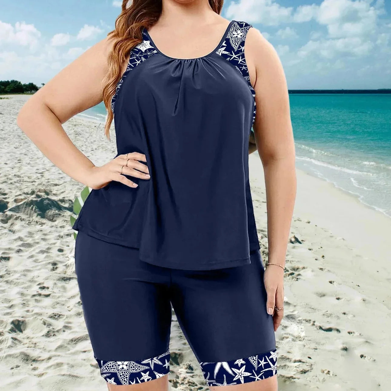 Tankini top and mid-thigh shorts