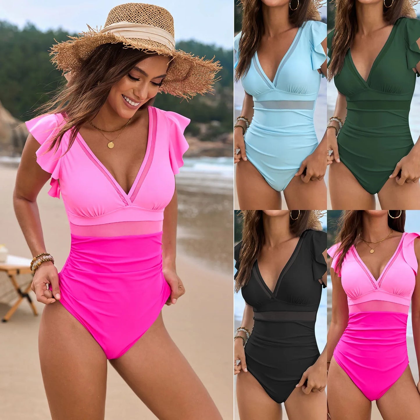 Ruffled Sleeve V-Neck One-Piece Swimsuit