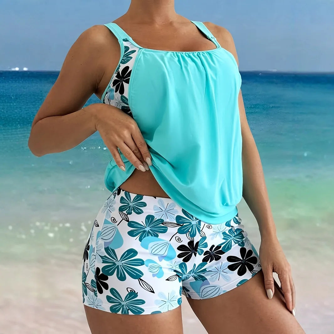Women's blue tankini set with print